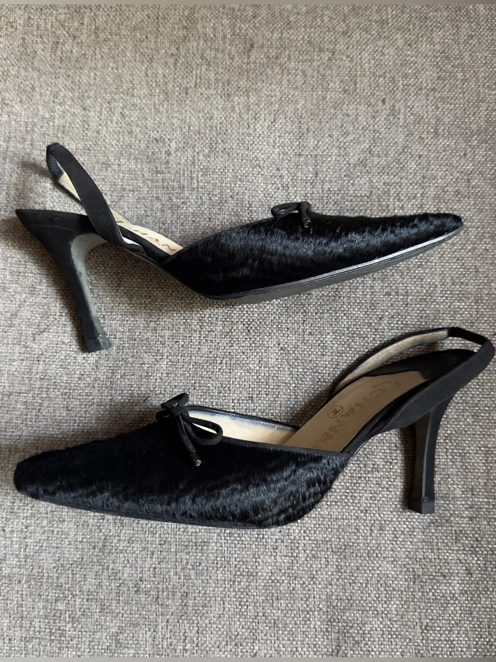 Vintage Chanel black pony hair slingback heels